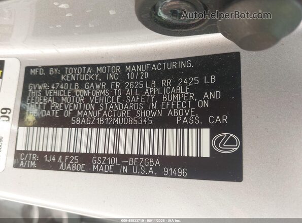 58AGZ1B12MU085345 2021 LEXUS ES 350 Silver ძრავის განყოფილების ხედი