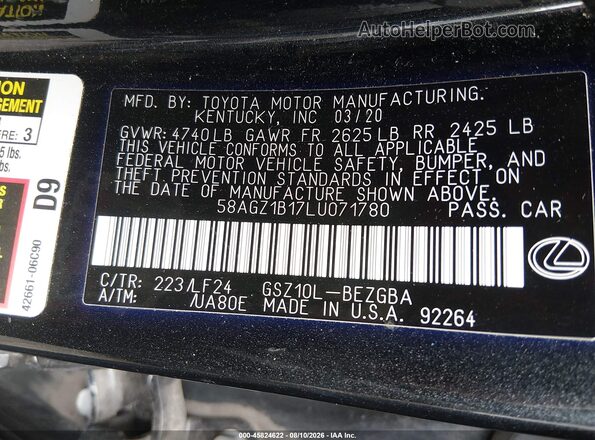 58AGZ1B17LU071780 2020 LEXUS ES 350 Черный Вид подкапотного пространства