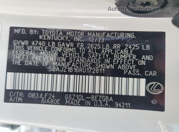 58AJZ1B16RU172811 2024 LEXUS ES White ძრავის განყოფილების ხედი