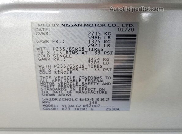 5N1DR2CN0LC604382 2020 NISSAN PATHFINDER Silver VIN կոդի պիտակի տեսք