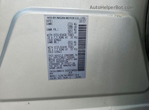 5N1DL0MM4JC505900 2018 INFINITI QX60 Silver VIN sticker view