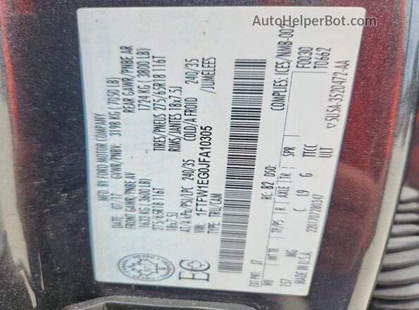 1FTFW1EG0JFA10305 2018 FORD F150 Black Vista de la etiqueta del VIN