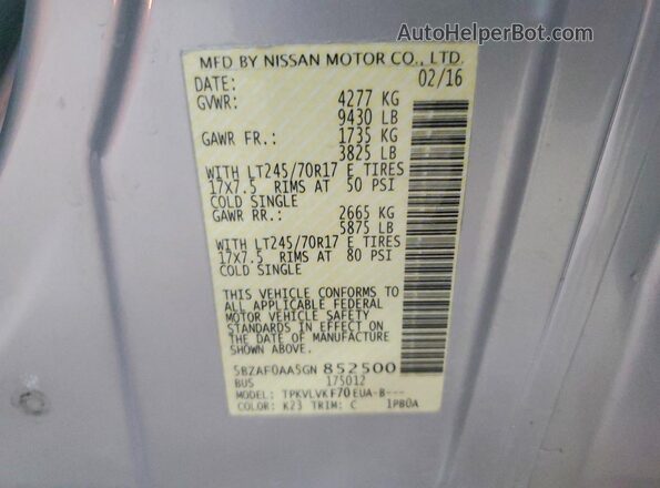 5BZAF0AA5GN852500 2016 NISSAN NV Silver Vista de la etiqueta del VIN