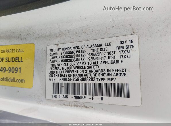 5FNRL5H25GB088203 2016 HONDA ODYSSEY White Engine compartment view