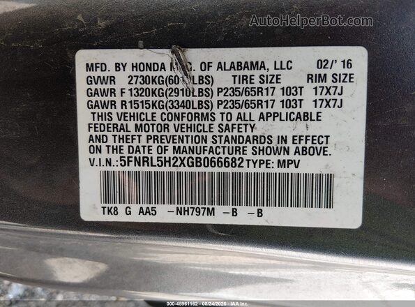5FNRL5H2XGB066682 2016 HONDA ODYSSEY Gray Widok komory silnika