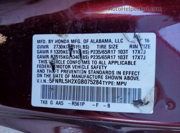 5FNRL5H2XGB075284 2016 HONDA ODYSSEY Burgundy Widok naklejki z numerem VIN