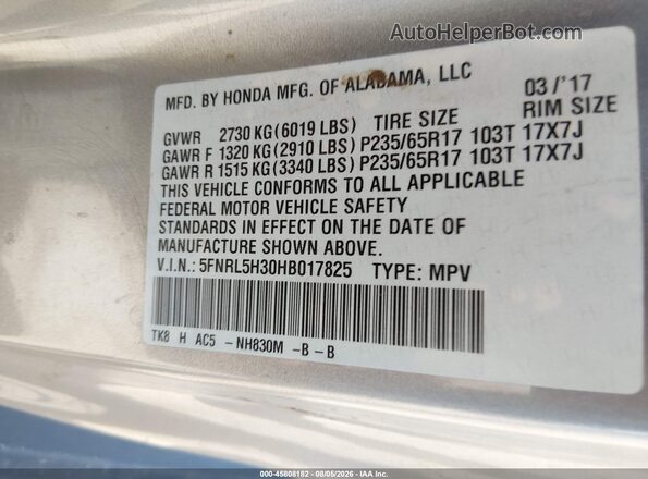 5FNRL5H30HB017825 2017 HONDA ODYSSEY Silver Widok komory silnika