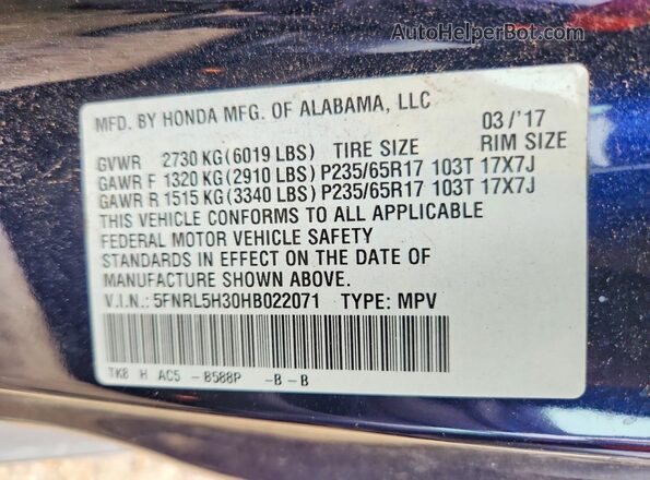 5FNRL5H30HB022071 2017 HONDA ODYSSEY Blue Вид наклейки з VIN-кодом