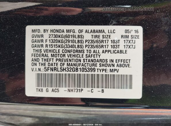 5FNRL5H32GB105399 2016 HONDA ODYSSEY Черный Вид подкапотного пространства
