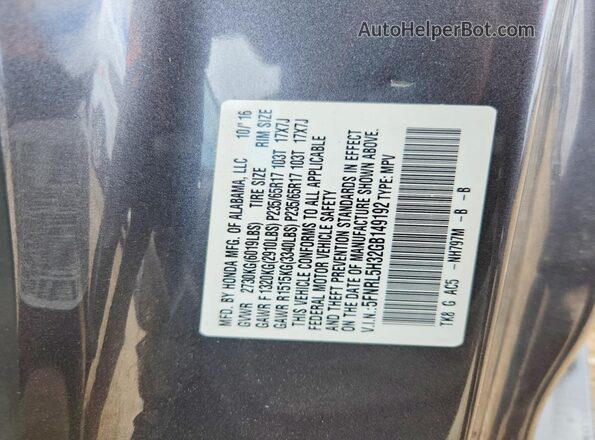 5FNRL5H32GB149192 2016 HONDA ODYSSEY Gray Widok naklejki z numerem VIN