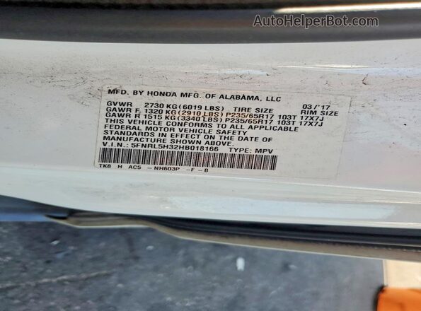 5FNRL5H32HB018166 2017 HONDA ODYSSEY White Widok naklejki z numerem VIN
