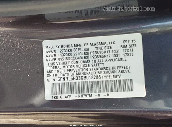 5FNRL5H33GB018286 2016 HONDA ODYSSEY Gray Engine compartment view