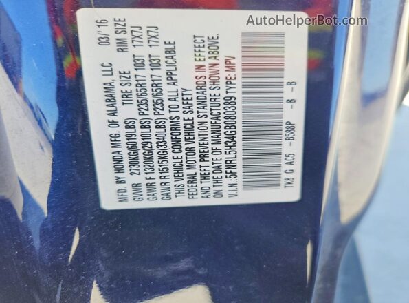 5FNRL5H34GB080389 2016 HONDA ODYSSEY Blue VIN კოდის სტიკერის ხედი