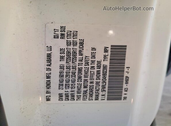 5FNRL5H34HB023997 2017 HONDA ODYSSEY White VIN կոդի պիտակի տեսք