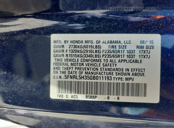 5FNRL5H35GB011193 2016 HONDA ODYSSEY Blue Вид наклейки з VIN-кодом