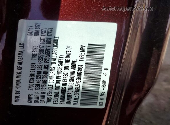 5FNRL5H35HB024964 2017 HONDA ODYSSEY Burgundy Vista de la etiqueta del VIN