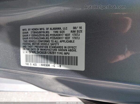 5FNRL5H36GB128281 2016 HONDA ODYSSEY Silver Widok komory silnika