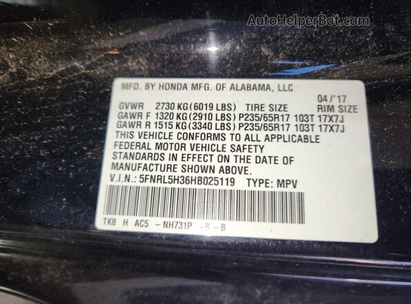 5FNRL5H36HB025119 2017 HONDA ODYSSEY Black 