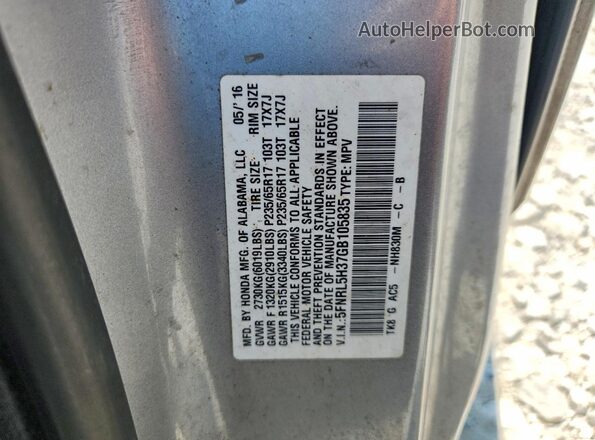 5FNRL5H37GB105835 2016 HONDA ODYSSEY Silver VIN կոդի պիտակի տեսք