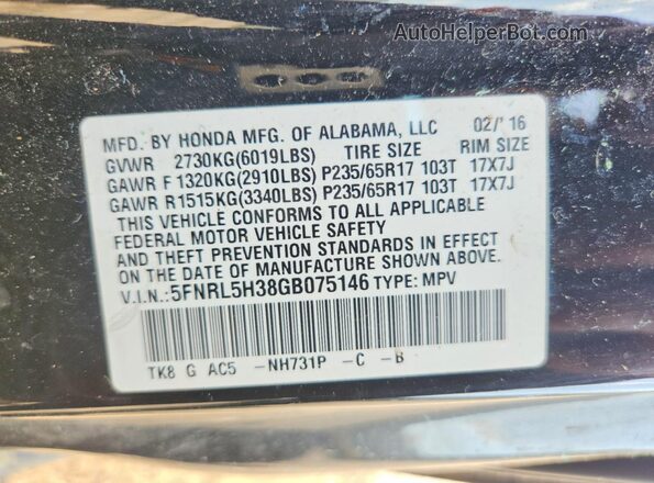 5FNRL5H38GB075146 2016 HONDA ODYSSEY Black VIN კოდის სტიკერის ხედი