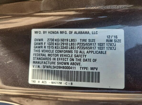 5FNRL5H39HB000411 2017 HONDA ODYSSEY Gray VIN კოდის სტიკერის ხედი