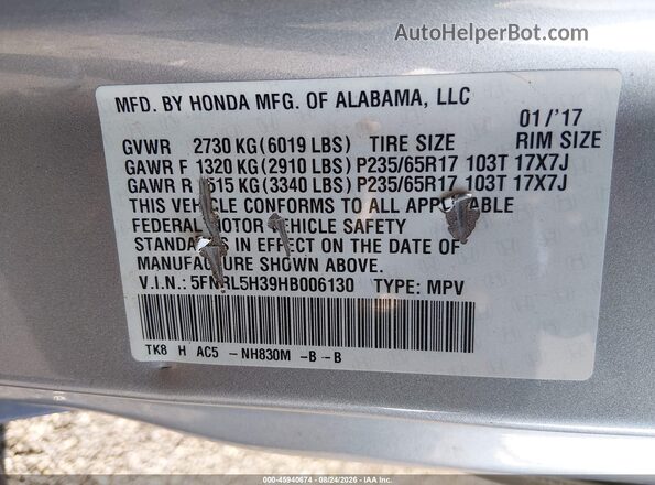 5FNRL5H39HB006130 2017 HONDA ODYSSEY Silver Engine compartment view