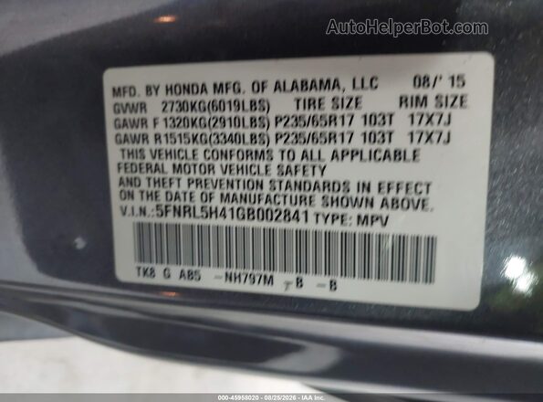 5FNRL5H41GB002841 2016 HONDA ODYSSEY Серый Вид подкапотного пространства
