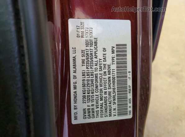 5FNRL5H61HB001711 2017 HONDA ODYSSEY Maroon VIN კოდის სტიკერის ხედი