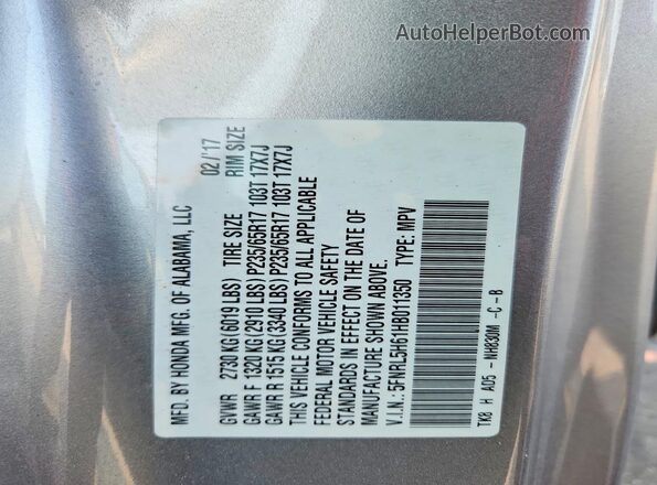 5FNRL5H61HB011350 2017 HONDA ODYSSEY Silver Widok naklejki z numerem VIN