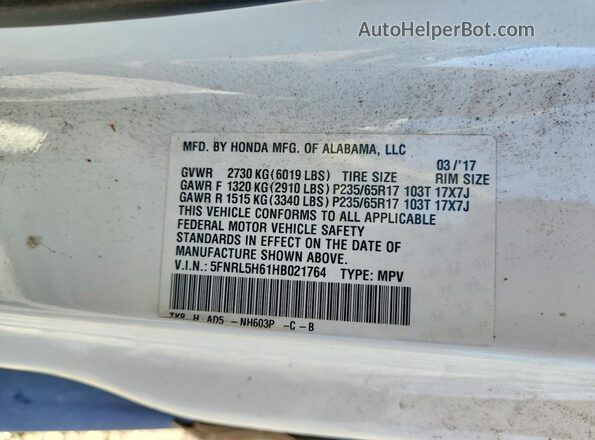 5FNRL5H61HB021764 2017 HONDA ODYSSEY White VIN sticker view