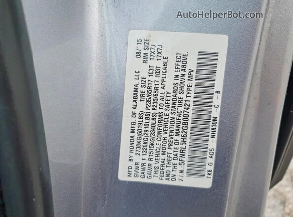 5FNRL5H62GB007421 2016 HONDA ODYSSEY Silver VIN კოდის სტიკერის ხედი