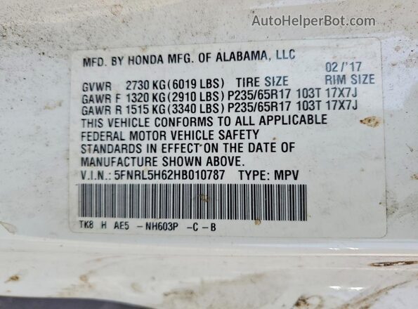 5FNRL5H62HB010787 2017 HONDA ODYSSEY White Вид наклейки з VIN-кодом