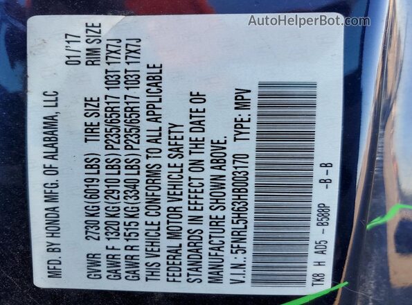 5FNRL5H63HB003170 2017 HONDA ODYSSEY Blue Vista de la etiqueta del VIN