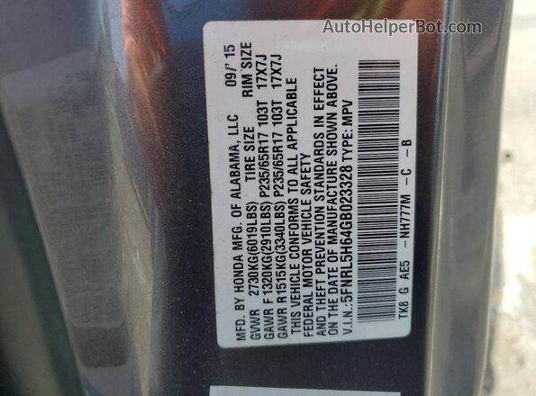 5FNRL5H64GB023328 2016 HONDA ODYSSEY Gray Вид наклейки з VIN-кодом
