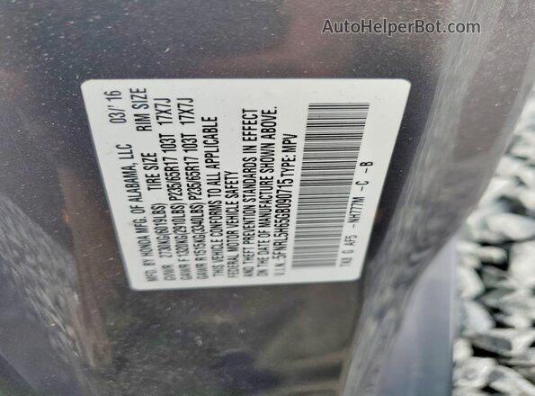 5FNRL5H65GB090715 2016 HONDA ODYSSEY Gray Widok naklejki z numerem VIN