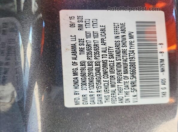 5FNRL5H66GB019734 2016 HONDA ODYSSEY Gray Vista de la etiqueta del VIN