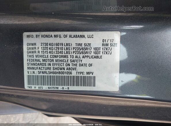 5FNRL5H66HB001056 2017 HONDA ODYSSEY Gray Engine compartment view
