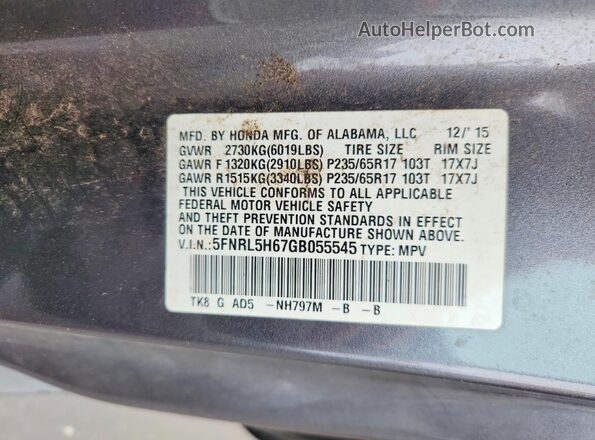 5FNRL5H67GB055545 2016 HONDA ODYSSEY Gray VIN კოდის სტიკერის ხედი