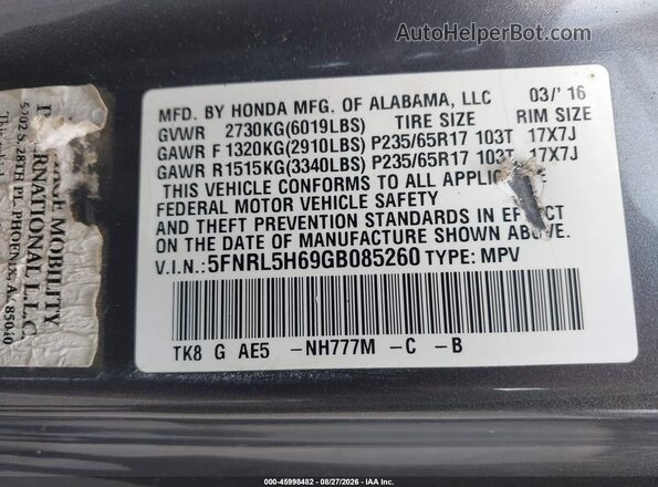 5FNRL5H69GB085260 2016 HONDA ODYSSEY Gray Вид підкапотного простору