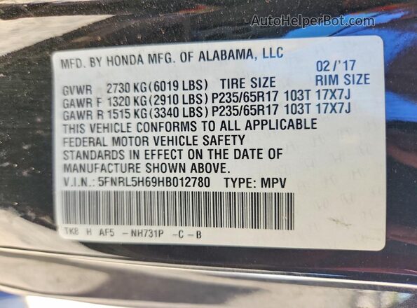 5FNRL5H69HB012780 2017 HONDA ODYSSEY Черный Вид наклейки с VIN-кодом