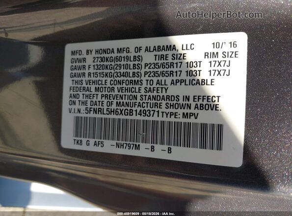 5FNRL5H6XGB149371 2016 HONDA ODYSSEY Gray Vista del compartimento del motor