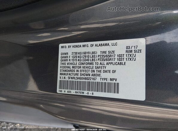 5FNRL5H6XHB022167 2017 HONDA ODYSSEY Gray Widok komory silnika