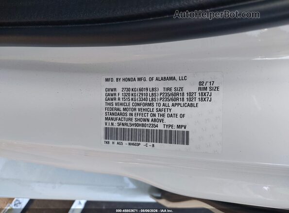 5FNRL5H90HB012354 2017 HONDA ODYSSEY White Engine compartment view