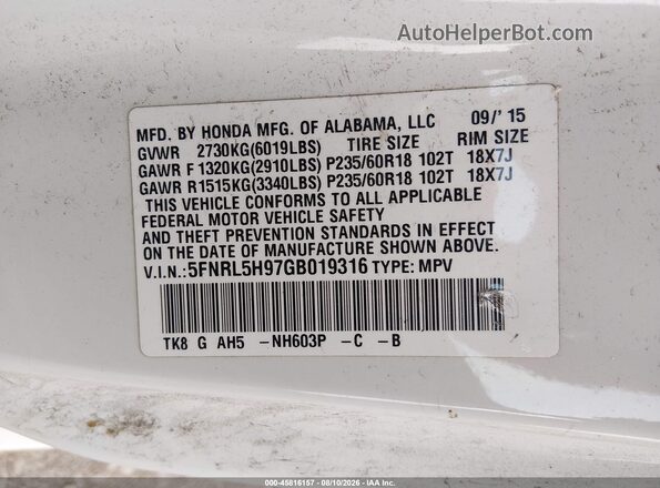 5FNRL5H97GB019316 2016 HONDA ODYSSEY White Vista del compartimento del motor