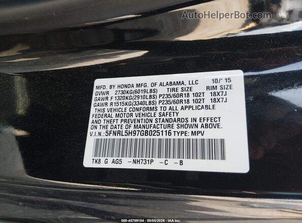 5FNRL5H97GB025116 2016 HONDA ODYSSEY Black Вид підкапотного простору