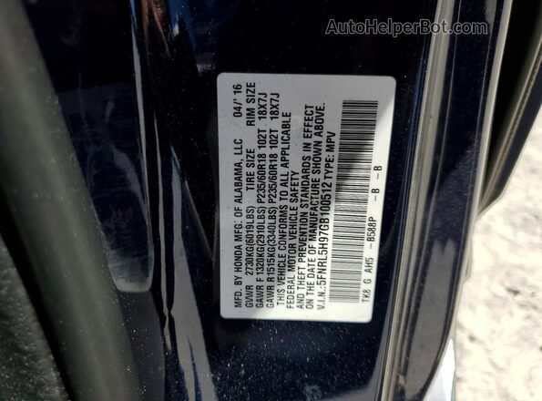 5FNRL5H97GB100512 2016 HONDA ODYSSEY Blue Widok naklejki z numerem VIN