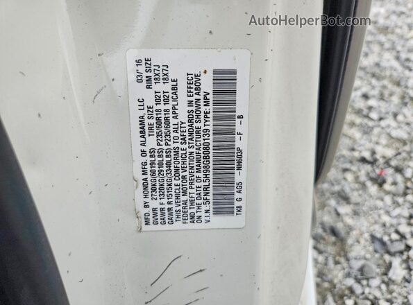 5FNRL5H98GB080139 2016 HONDA ODYSSEY White Vista de la etiqueta del VIN