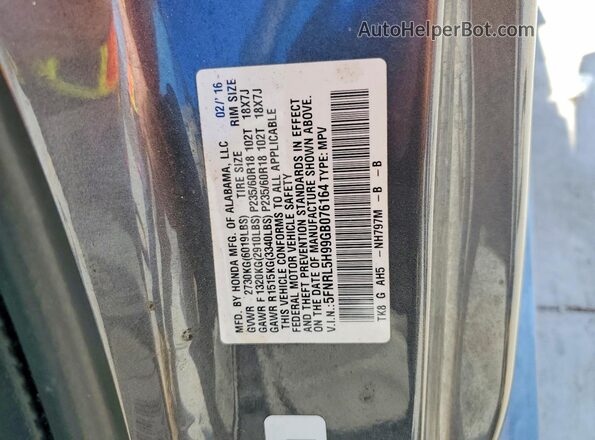 5FNRL5H99GB076164 2016 HONDA ODYSSEY Gray VIN կոդի պիտակի տեսք