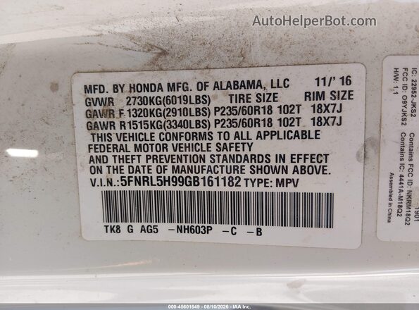 5FNRL5H99GB161182 2016 HONDA ODYSSEY White Շարժիչի բաժամունքի տեսք