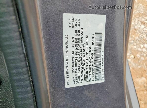 5FNRL6H21JB098711 2018 HONDA ODYSSEY Gray VIN კოდის სტიკერის ხედი